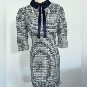 Alexia Admor Tweed Pearl Bow Mini Dress Size 10 Navy Blue